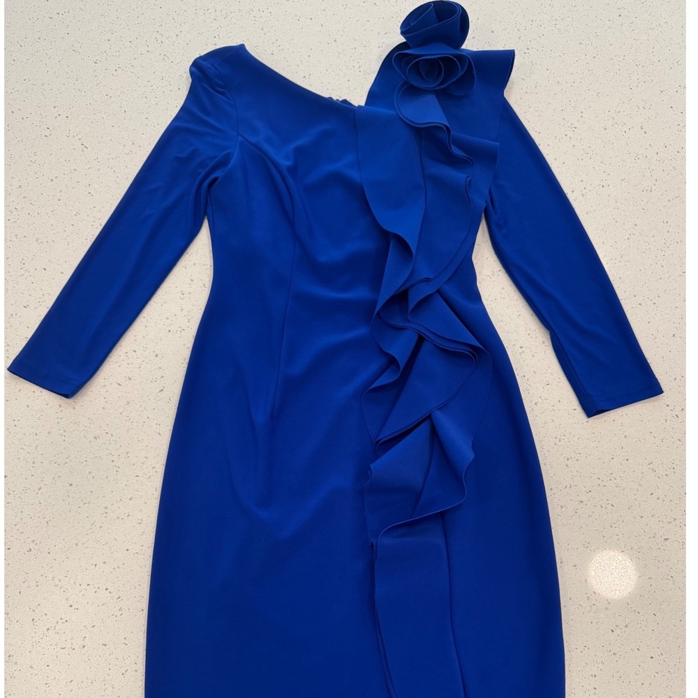 Joseph Ribkoff Sheath Dress Women 6 Royal Blue Excellent Rosette Ruffle Chic